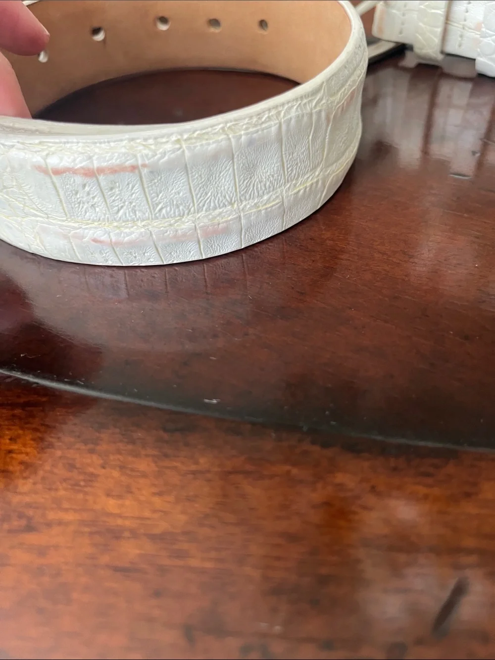 W. Kleinberg Crocodile-Embossed White Leather Belt with Silver Buckle